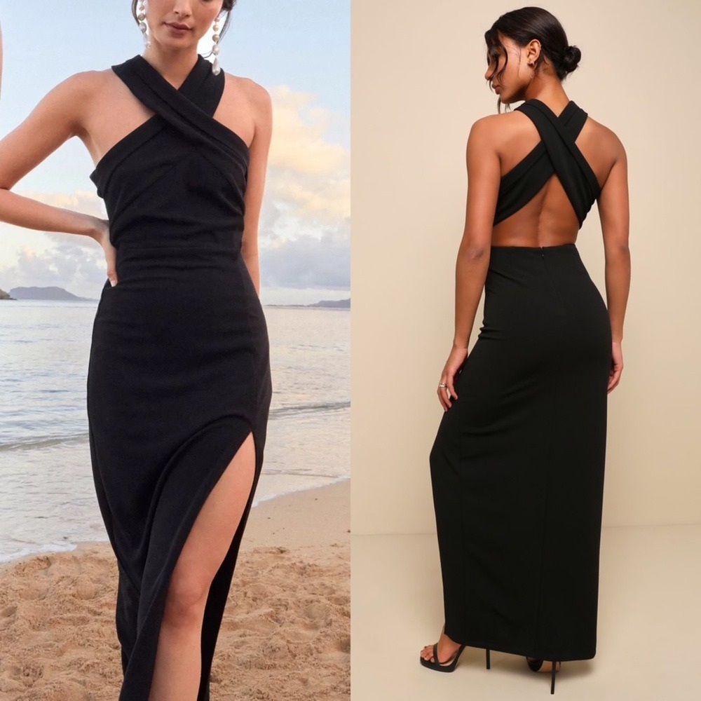 NWT LULUS‎ Crossover Halter Neck Sleeveless Side Slit Column Skirt Formal Gown L - Picture 2 of 6